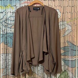 Forever21 Chiffon Drape Cardigan Jacket with Pockets, Taupe Beige, Large